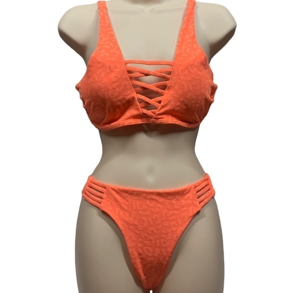 Tini Bikini Tangerine leopard strappy bikini size Large NWT - Picture 1 of 9